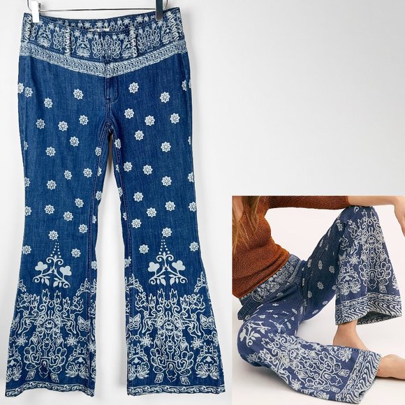 Free People Denim - Free People Journey Jeans Mid Rise Flare Floral Retro Print 100% Cotton Blue 27